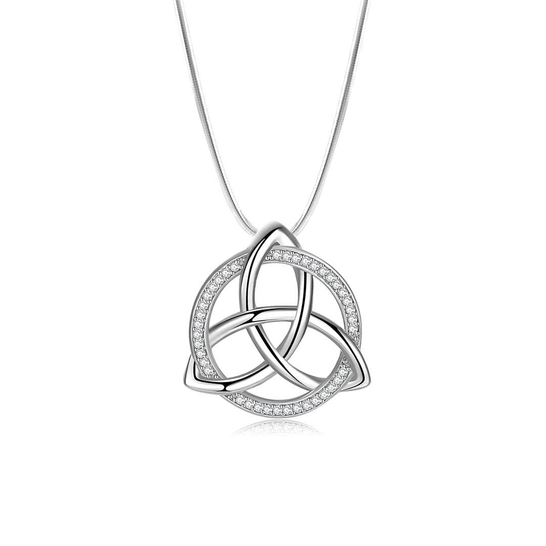 18K white gold pendant featuring a Celtic knot design embellished with cubic zirconia, suspended from a sleek silver chain