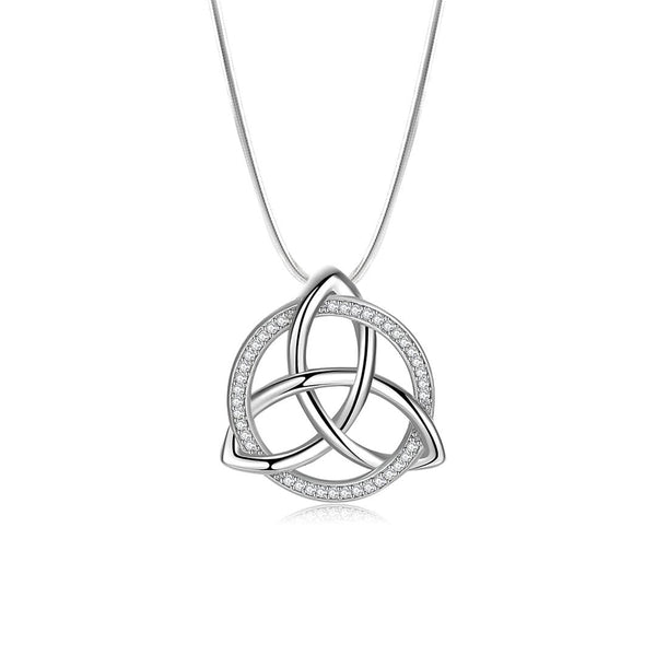 18K white gold pendant featuring a Celtic knot design embellished with cubic zirconia, suspended from a sleek silver chain