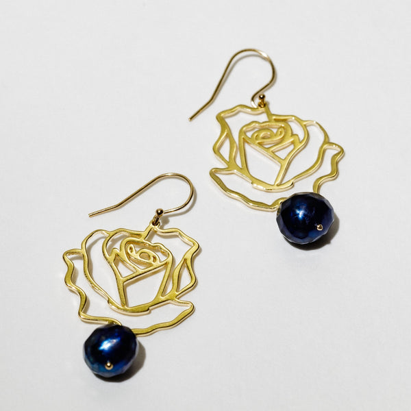 Alison Earrings with 14k Gold Plated Rose & Blue Faceted Pearls, Hypoallergenic White Background
