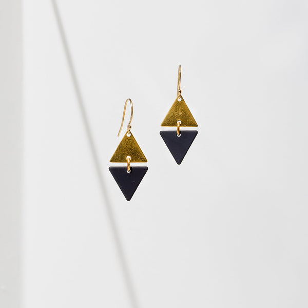 Black Triangle Dangle Earrings with brass enamel and gold-filled hypoallergenic ear wires, perfect for women.