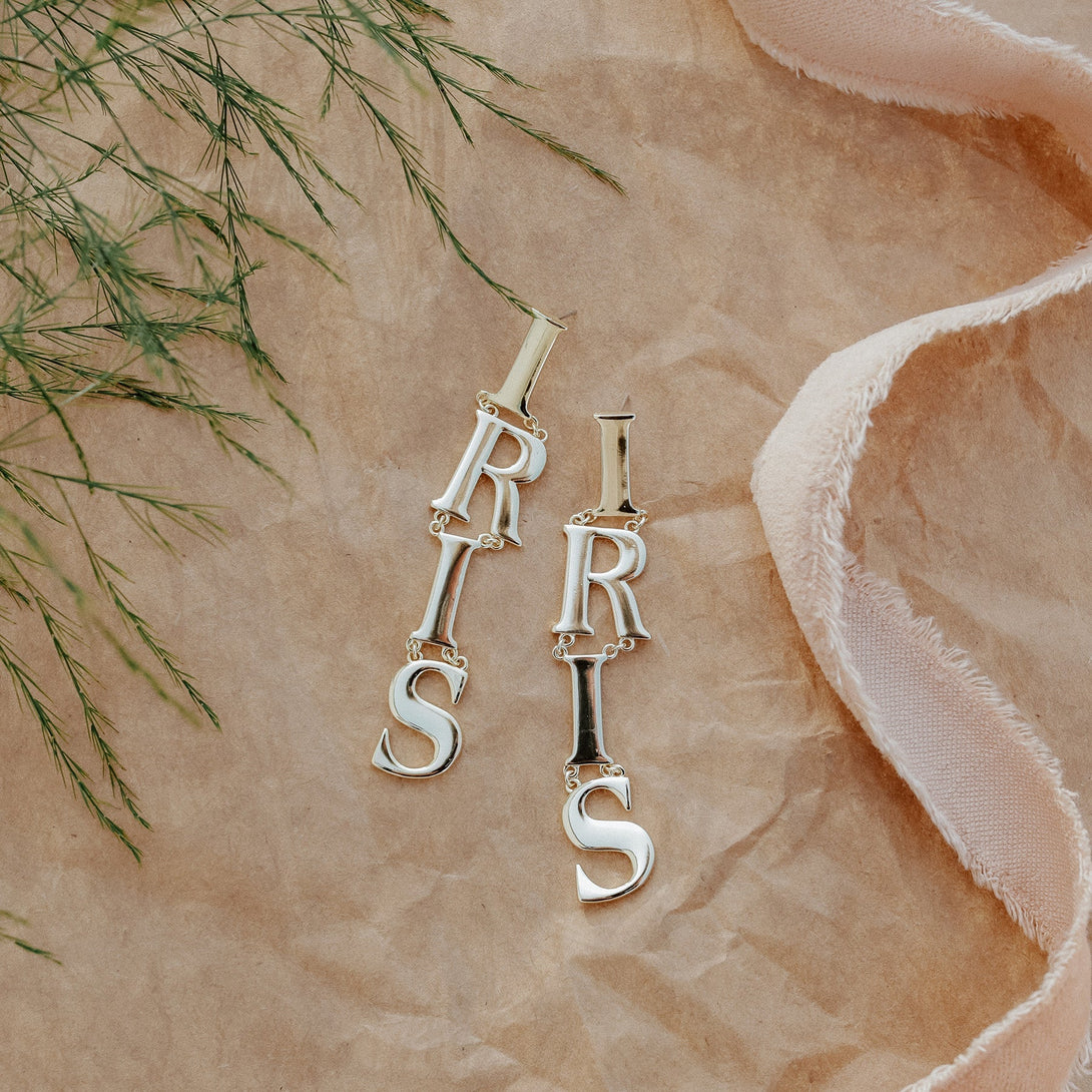 Iris Letters Statement Earrings-EARRINGS-Rahya Jewelry Design-Pure Quartz-3