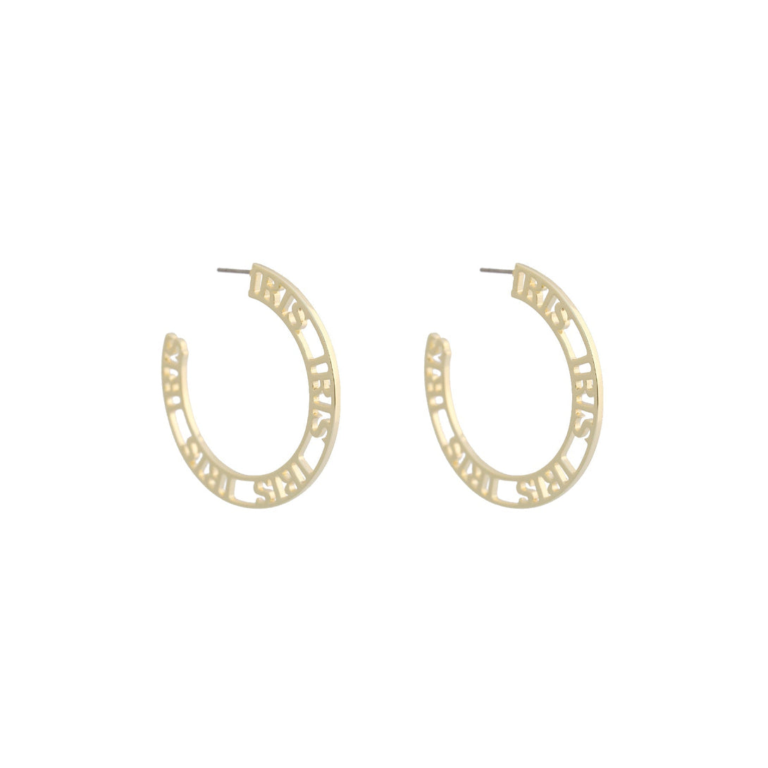 Iris Profile Wide Logo Hoop Earrings Medium-EARRINGS-Rahya Jewelry Design-Pure Quartz-2