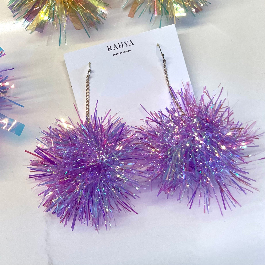 Iris Purple Pom Pom Earrings-EARRINGS-Rahya Jewelry Design-Pure Quartz-3