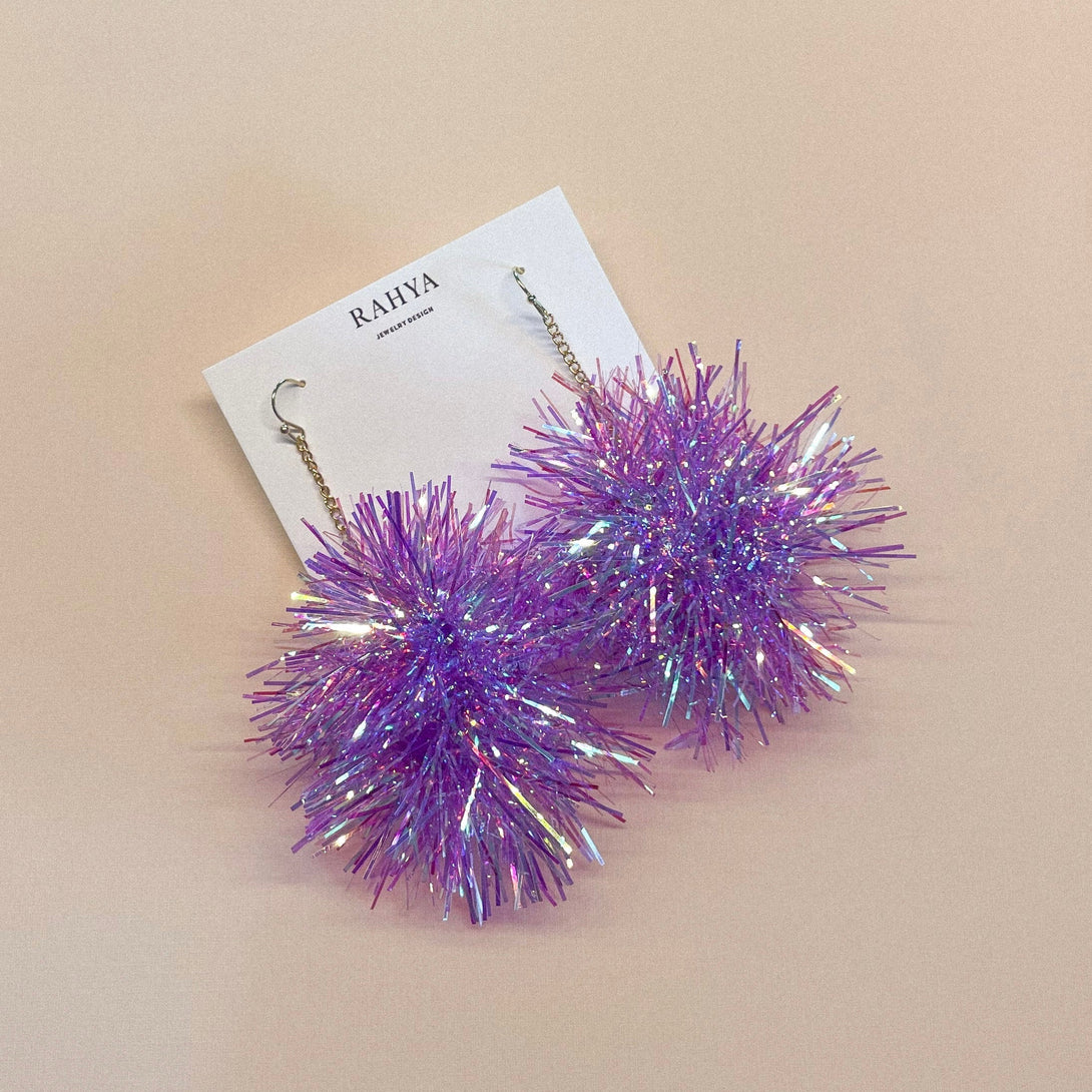 Iris Purple Pom Pom Earrings-EARRINGS-Rahya Jewelry Design-Pure Quartz-4