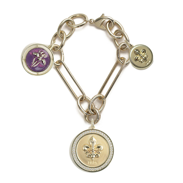 Iris St. Charles Bracelet with St. Charles, Enameled Flower & Mini St. Charles Pendants-BRACELETS-Rahya Jewelry Design-Pure Quartz-1